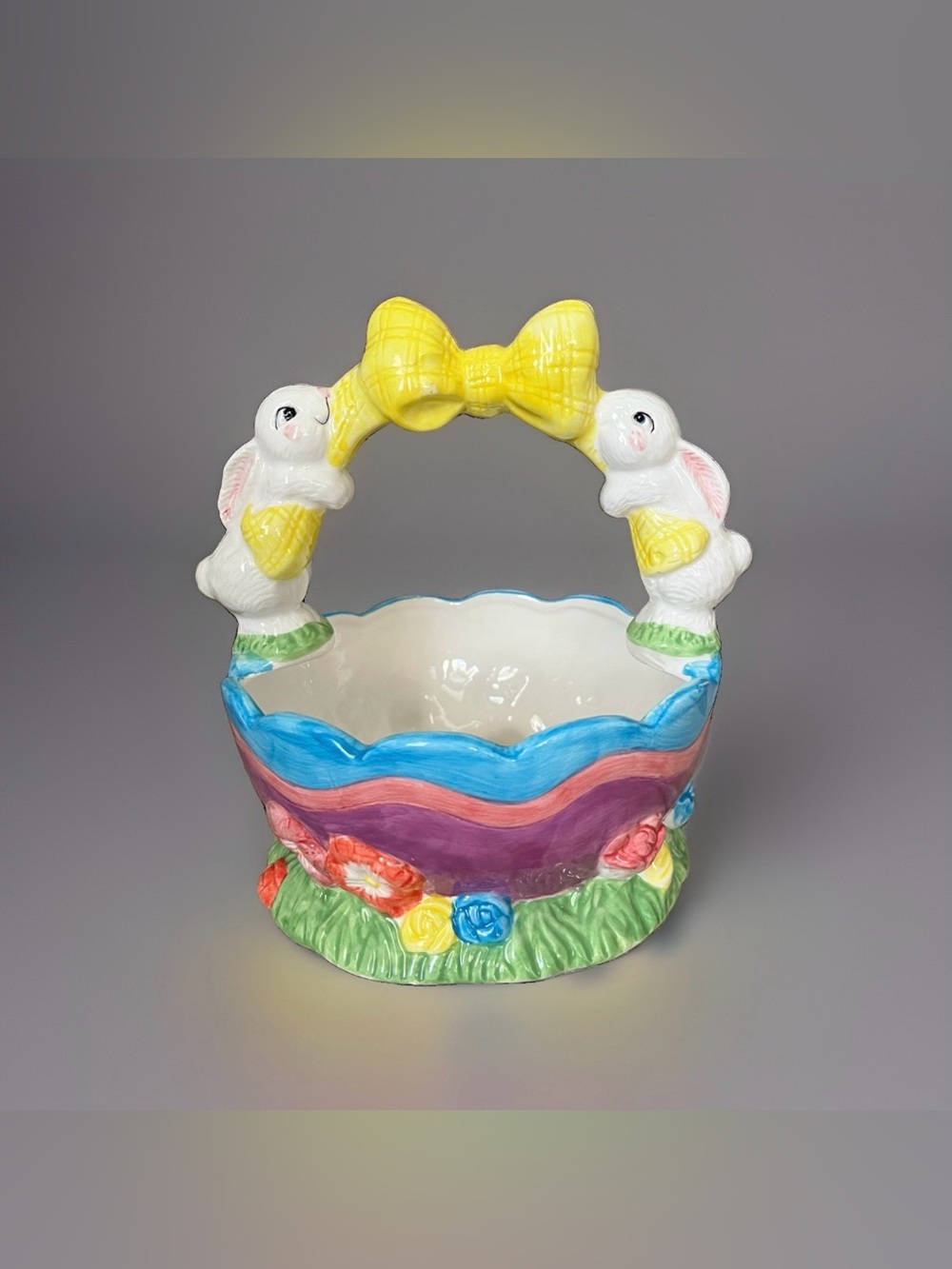Vintage  Bunny Handle Ceramic Easter Basket with Yellow Bow